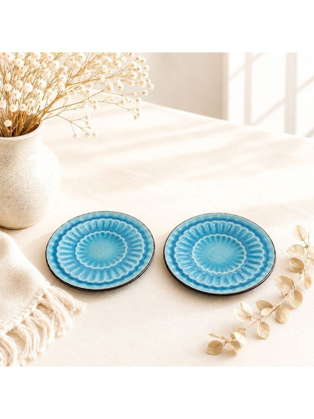 Vintage Pier 1 Blue Stoneware Plates With Floral Design - Set Of 2 - 7" Diameter